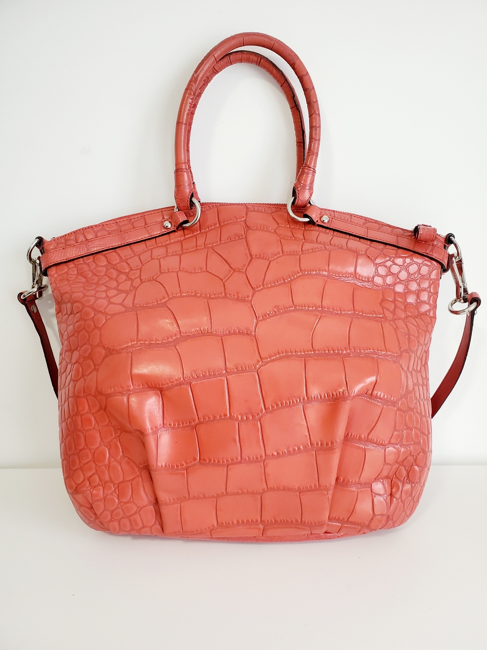 Coach Coral-Red Croc-Embossed Leather Shoulder Bag Coach - Picture 3 of 8